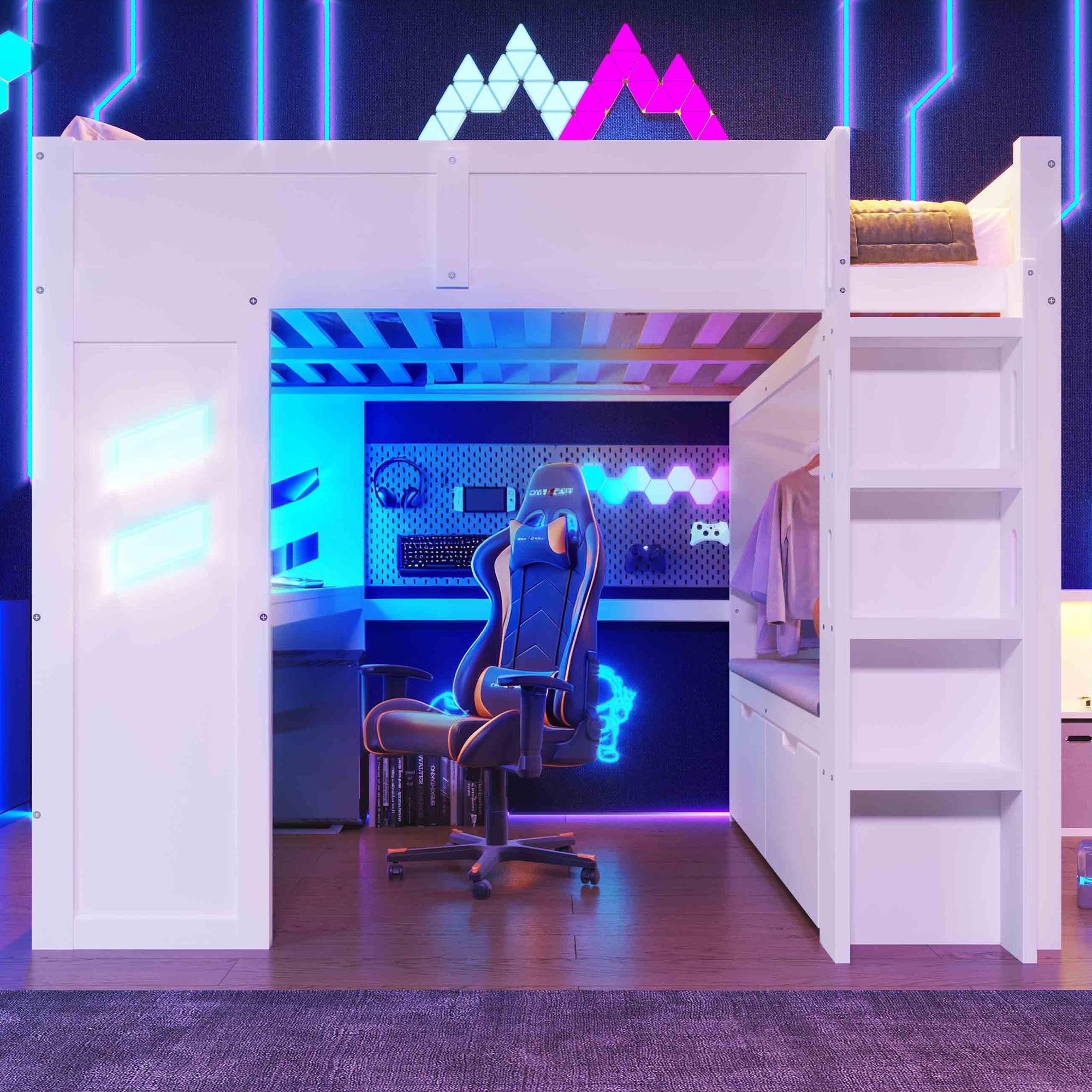 Hochbett, 140x200cmGaming, Bett mit Schreibtisch, Mit LED-Leuchten, 1 USB-Anschlüssen, 1 Typ-C ausgestattet, Leiter, Schreibtisch, Schublade