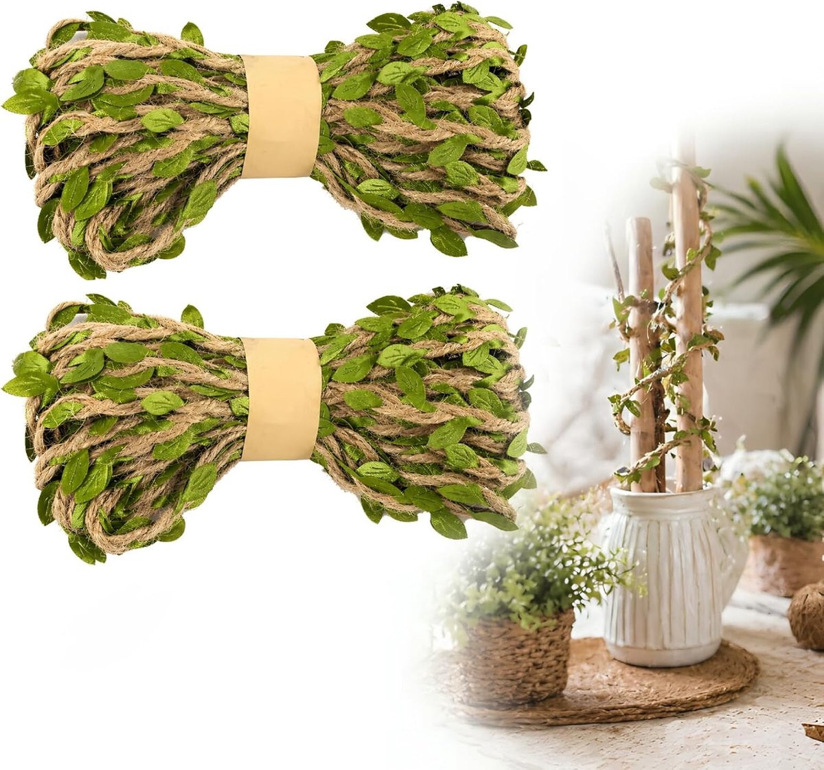 Set van 2 stuks jute koord klimopslinger met natuurlijke kunstranken in het groen