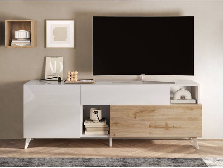 Meuble tv Monaco blanc brillant/chene - Basika