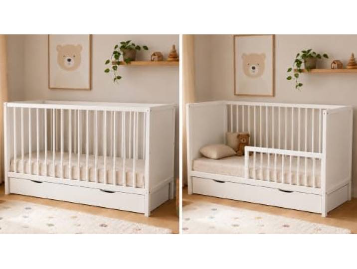 Kids Collective Babybett Kinderbett Beistellbett Modulares Gitterbett Lattenrost 3-Fach höhenverstellbar & abnehmbare Sprossen Baby Bett Holz Kinderzimmer 120x60 cm Weiß