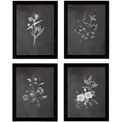 POSTER Set mit 4 Botanische Schwarz Hintergrund farbige Blumen A4 Rahmenlos