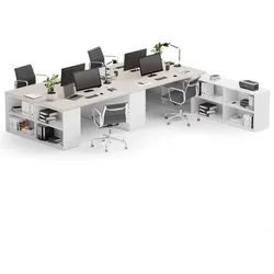 Bürotisch-Set BLOCK B05, 4 Arbeitsplätze mit Stauraum, 360 × 320 cm, weiß/Eiche natur