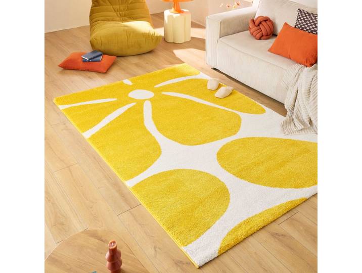 Tapis vintage style année 70 à motif fleur jaune 200x280