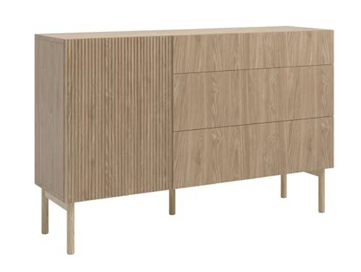 Selsey Commode Armoire 140 cm Porte À Lamelles 3 Tiroirs sur Pieds en Bois Meuble De Rangement Chêne Huilé Nolie