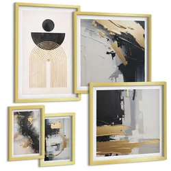 BILDER SET 5er Set - 50x50 cm & 20x30 cm & 40x60 cm Goldrahmen - Abstrakte Geometrie-Komposition