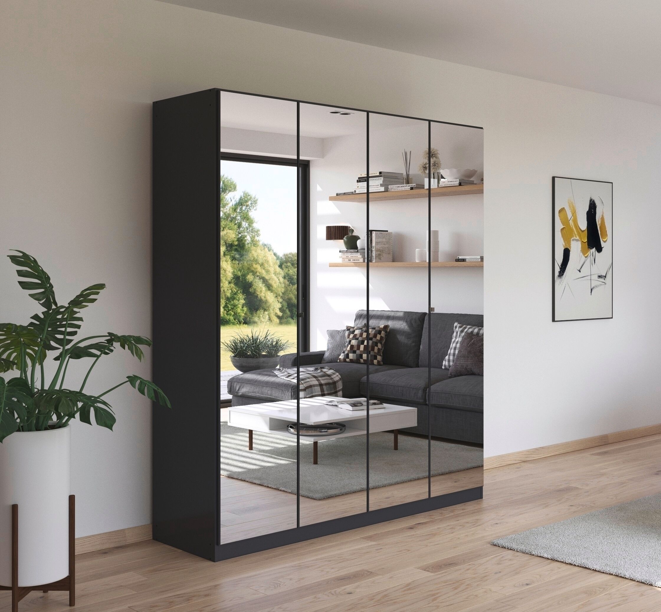 Drehtürenschrank RAUCH "Reflect", grau (graumetallic), B:181cm H:210cm T:54cm, Holzwerkstoff, Schränke, Drehtürenschrank, mit Spiegelfront, inkl. praktischer Inneneinteilung graumetallic B/H/T: 181cm x 210cm x 54cm