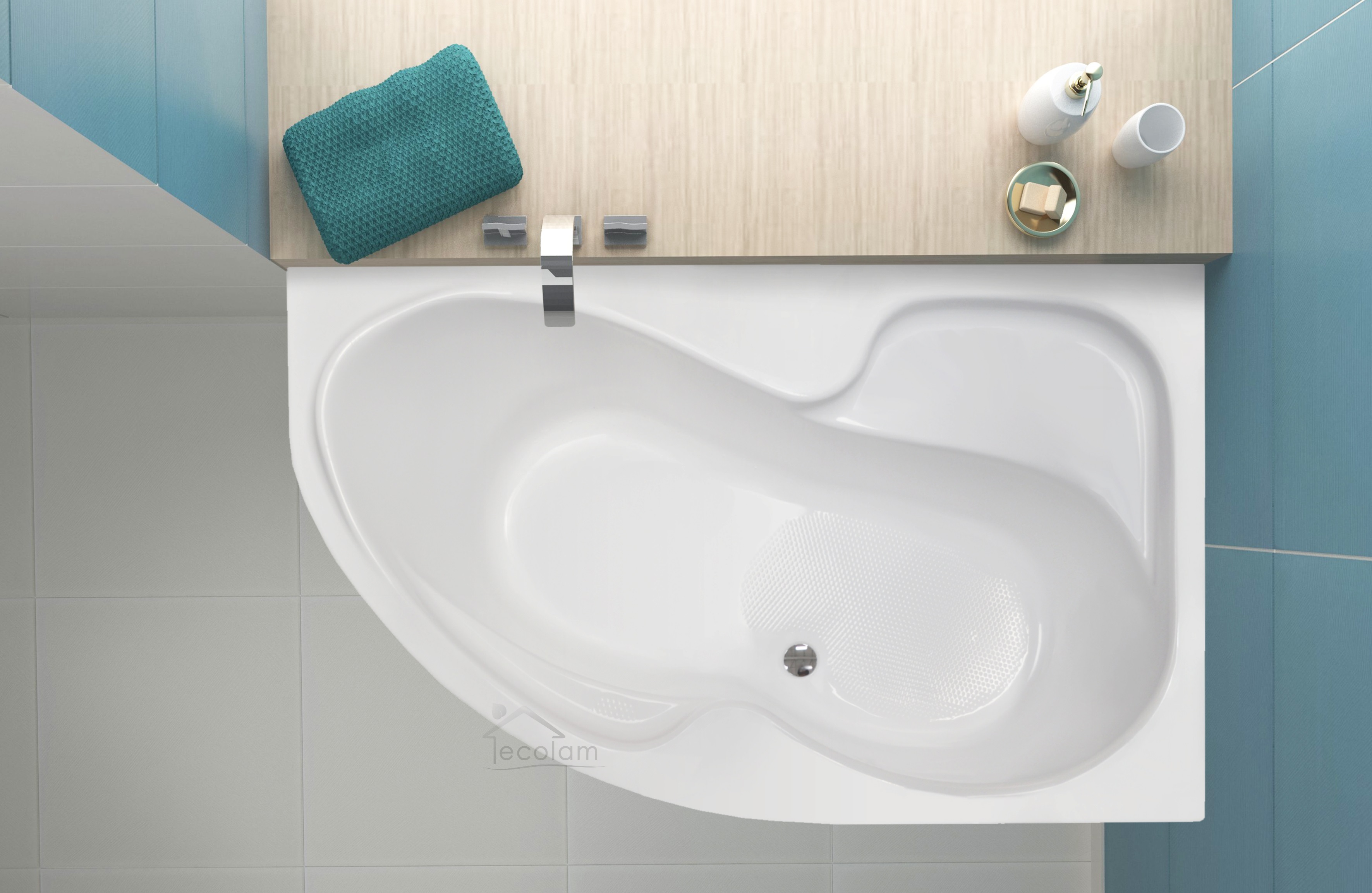 ECOLAM Eckbadewanne Badewanne Acrylwanne WELA 150x100 cm RECHTS + Ablaufgarnitur Automatik Füße Silikon