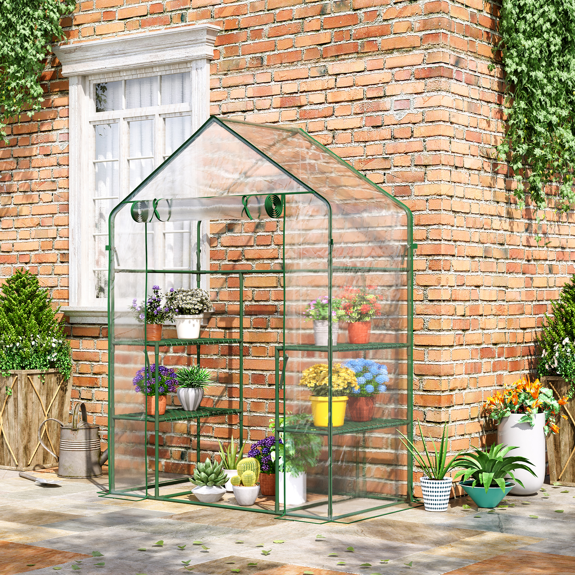 Outsunny Serra da Giardino con Porta avvolgibile, Mensole e Accessori Montaggio, in PE Impermeabile e Anti UV , 142x73x195cm, Verde   Aosom Italy