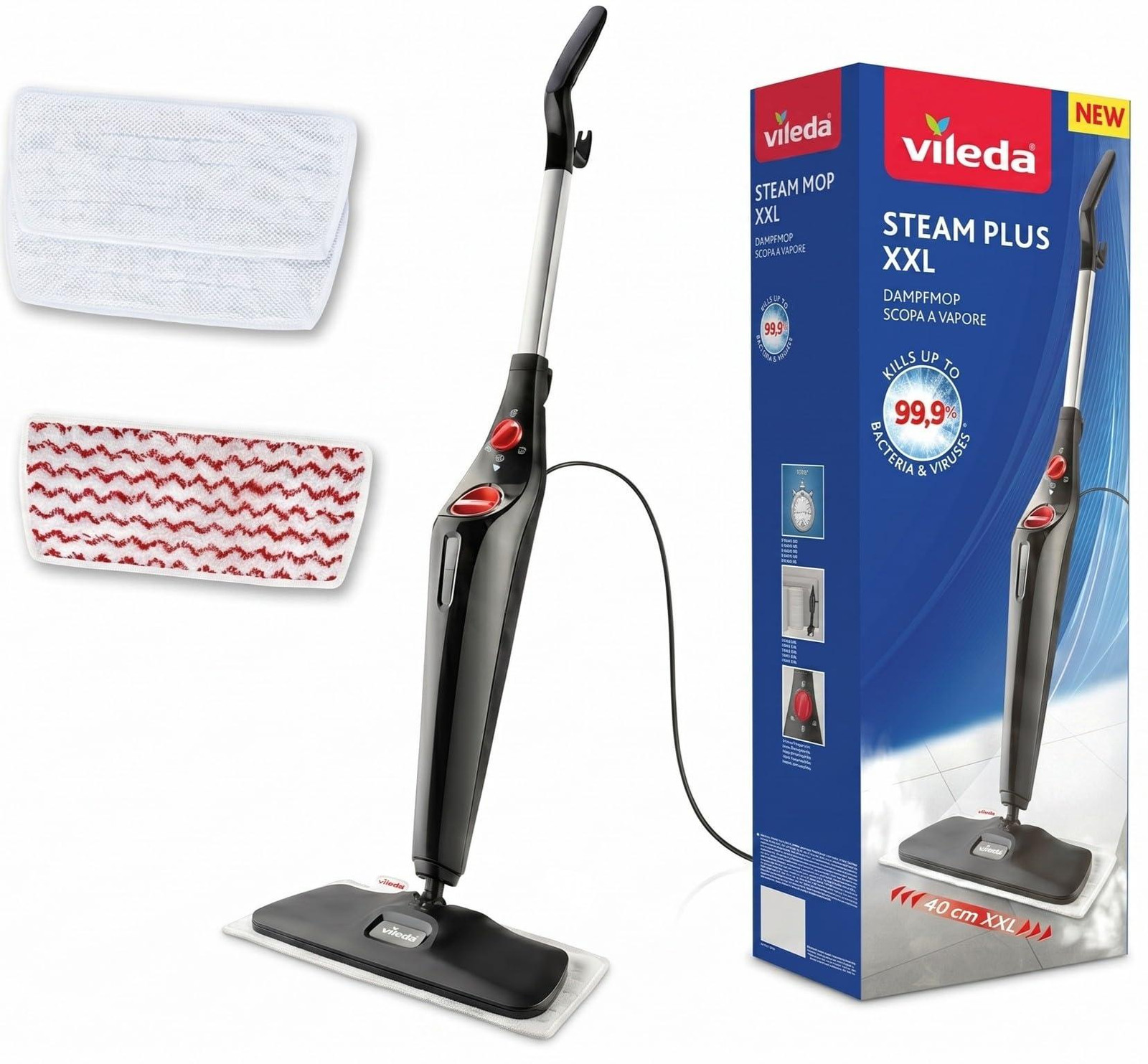 Vileda Steam Plus XXL stoomreiniger voor vloeren en tapijten met PowerPad en 2 microvezeldoeken