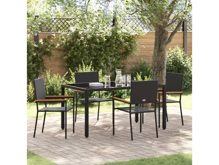 HEFZGDB Modernes Garten Esszimmer Set Schwarz mit Poly-Rattan und Stahlrahmen, UV-beständige Outdoor Möbel für Terrasse und Balkon, 4 Stühle mit Sitzkissen, Wetterfest