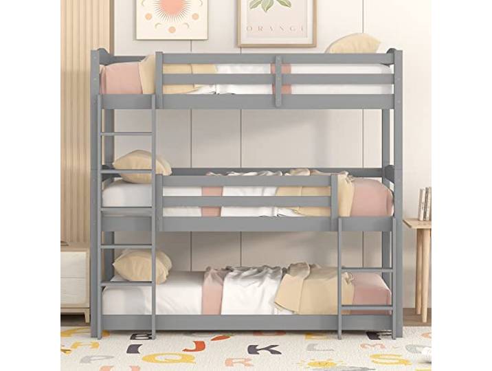 Merax Etagenbett dreifach mit Seitenleiter für Kinder und Jugendliche, 90 x 200 cm (grau) - Ohne Matratze