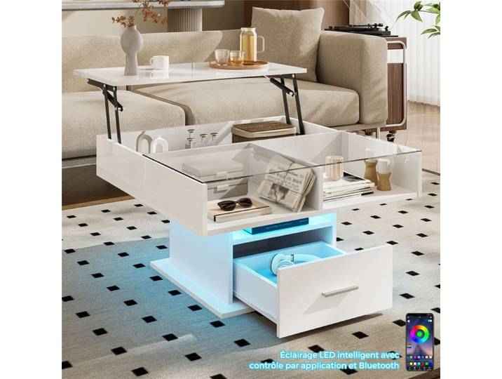 Table Basse Relevable Blanche Brillant avec LED et Plateau en Verre Coffee Table Moderne avec Rangement et Tiroir 78x78x45 5 cm