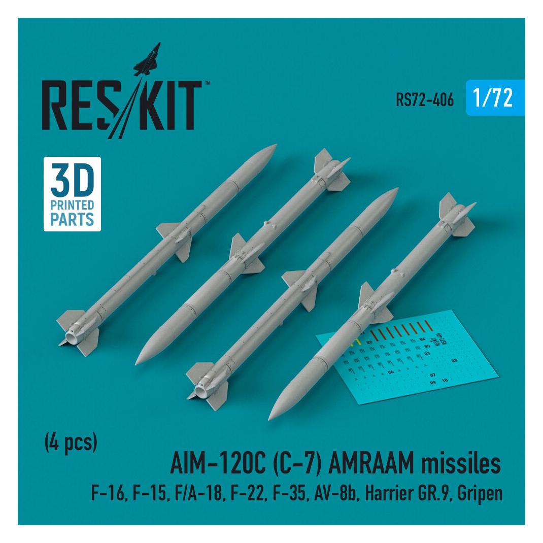 ResKit AIM-120C (C-7) AMRAAM missiles (4 pcs) (F-16, F-15, F/A-18, F-22, F-35, AV-8b, Harrier GR.9, Gripen) (RS72-0406)