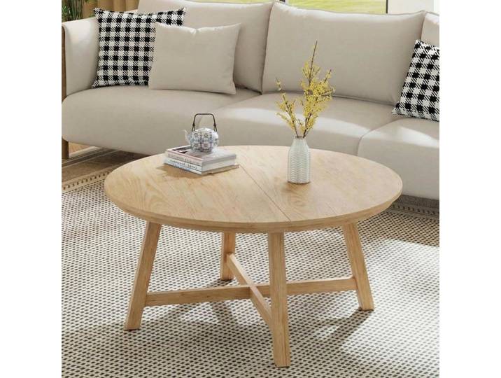 AFF Table Basse Ronde Bois 91 cm Coffee Table Style Industriel Teinte Bois Plateau Aspect Bois Piètement Métal Épais en X