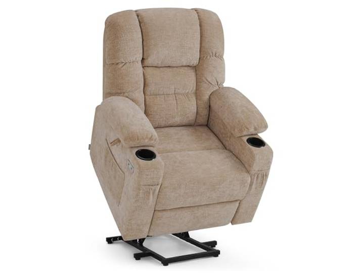 M MCombo Fernsehsessel mit Aufstehhilfe Elektrisch, 3 Motoren, Rückenlehne & Beinstütze Getrennt Verstellbar, Relaxsessel mit Liegefunktion bis 170° Verstellbare Kopfstütze 7550 (Chenille, Beige)
