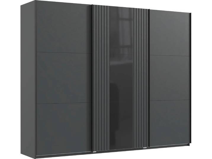 Schwebetürenschrank WIMEX Atlanta by fresh to go , schwarz (graphit, glas schwarz, akustikpaneel optik graphit), B:250cm H:216cm T:65cm, Holzwerkstoff, Schränke, Schwebetürenschrank, mit Akustikpaneel Optik (3D Leisten), Lamelle