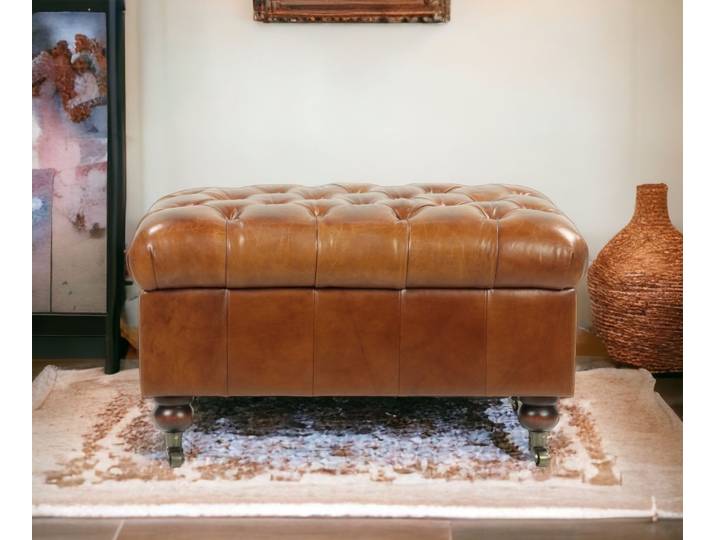 Pouf Chesterfield formant Coffre en Cuir - Cigare