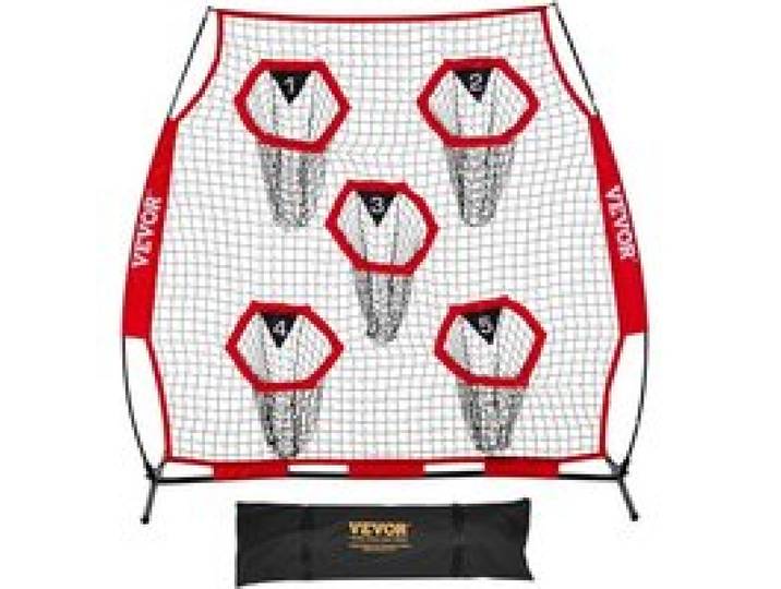 VEVOR Fußballtrainer Wurfnetz Übungsnetz (208 x 91 x 189 cm) mit 5 Zieltaschen & tragbarer Aufbewahrungstasche & Gurten & knotenlosem Netz, Training für die Passgenauigkeit des Quarterbacks, rot