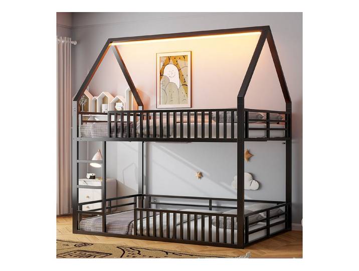 MODFU Etagenbett Kinderbett,Gästebett,Jugendbett (Haus-Etagenbett mit LED-Licht & Zaunstil-Geländer – Kinderfreundliches Design mit Spielbereich., 1-St., 140x200 cm)