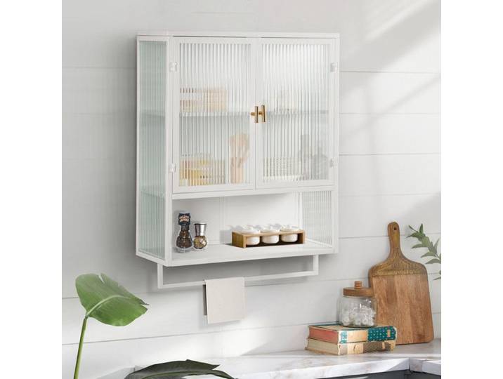 Armoire Murale Moderne à 2 Portes en Verre - Armoire de Rangement Murale avec étagère Ouverte Pour Cuisine Salle de Bain - Blanc