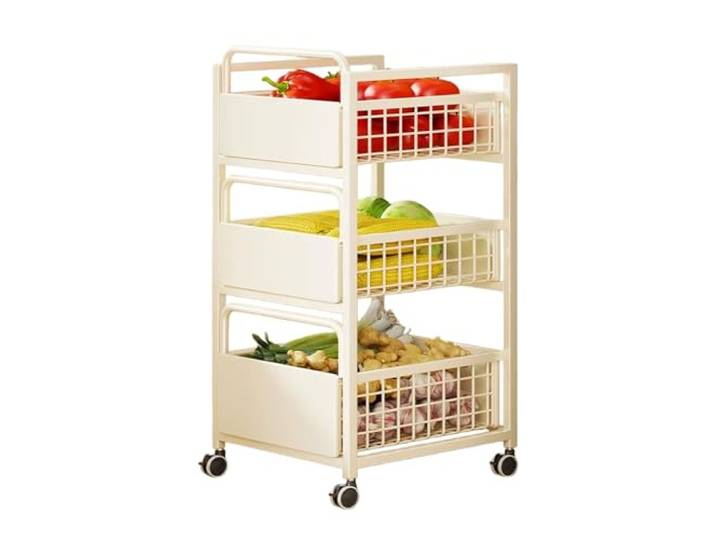 Xumh2024-3 Lagerung Rollbarer Küchen-Aufbewahrungswagen, 3-stufiges Gemüse- und Obstkorb-Organizer-Regal(Weiß)