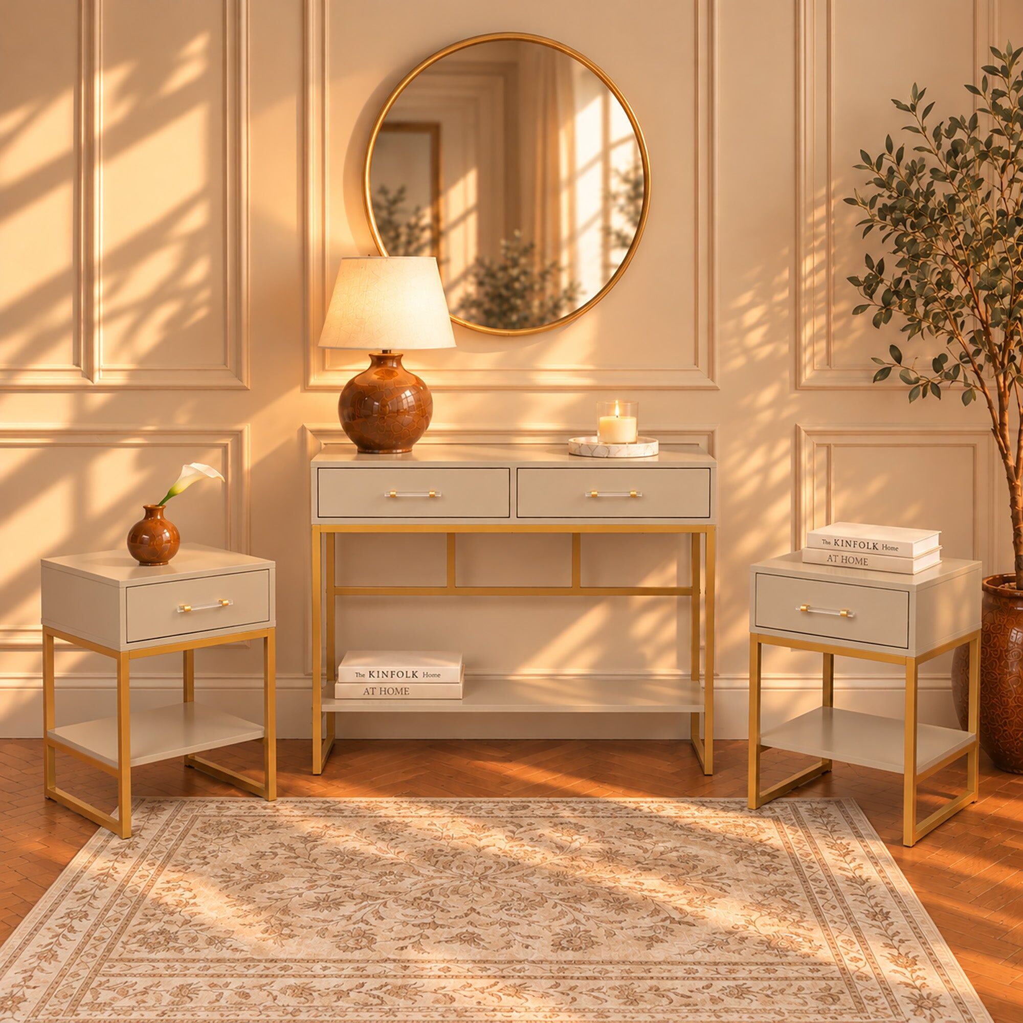 Neutral Two Drawer Dressing Table Set & Pair of One Drawer Bedside Tables - Liana Taupe Range Coated MDF, Metal
