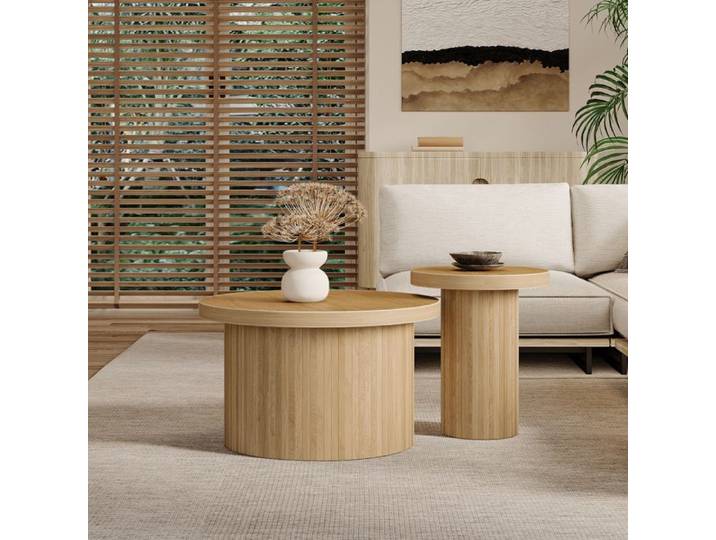 WUVRIE Table basse double ronde 66 cm modulable aspect bois naturel MDF lot de 2