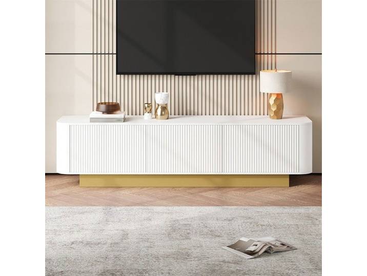 Meuble TV 170x40 5x47 cm avec 3 Portes Étagère Réglable et Passe-Câbles - Façade Rainurée - Blanc