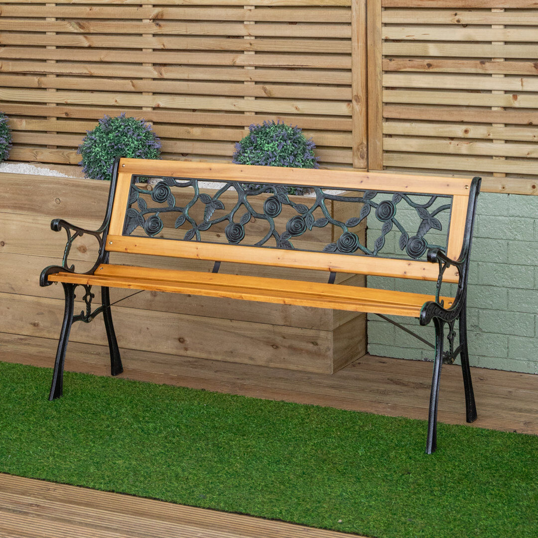 Sol 27 Outdoor Gillian 2 Seater Outdoor Wooden & Cast Iron Garden Bench With Rose Design Brown 73cm H X 127cm W X 40cm D