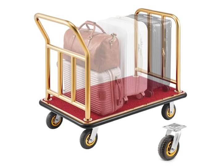 VEVOR Chariot à Bagages d'Hôtel\, Charge Max. 340\,19 kg\, Chariot Porte-Bagages pour Hôtels et Complexes Hôteliers\, avec Cadre en Acier Inoxydable\, Roues en Caoutchouc 152 mm\, Plateau Moquetté Rouge\, Or