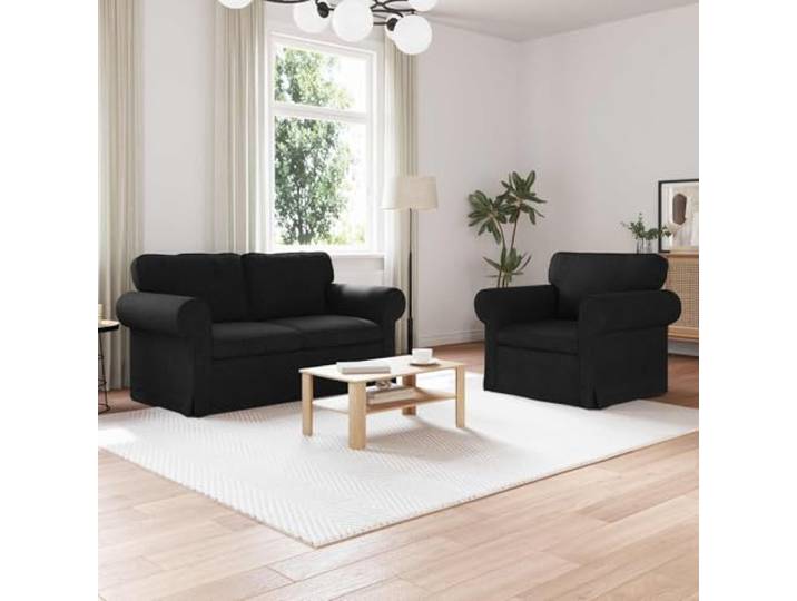 KGHERMDF Sofa Set 2 STK Schwarz Stoff Modulares Ecksofa mit Metallrahmen Modulares Design, atmungsaktiver Stoff, Schaum-Faser-Füllung, Holzwerkstoff-Armlehnen, Brötchen-Fuß-Form, einfache Reinigung