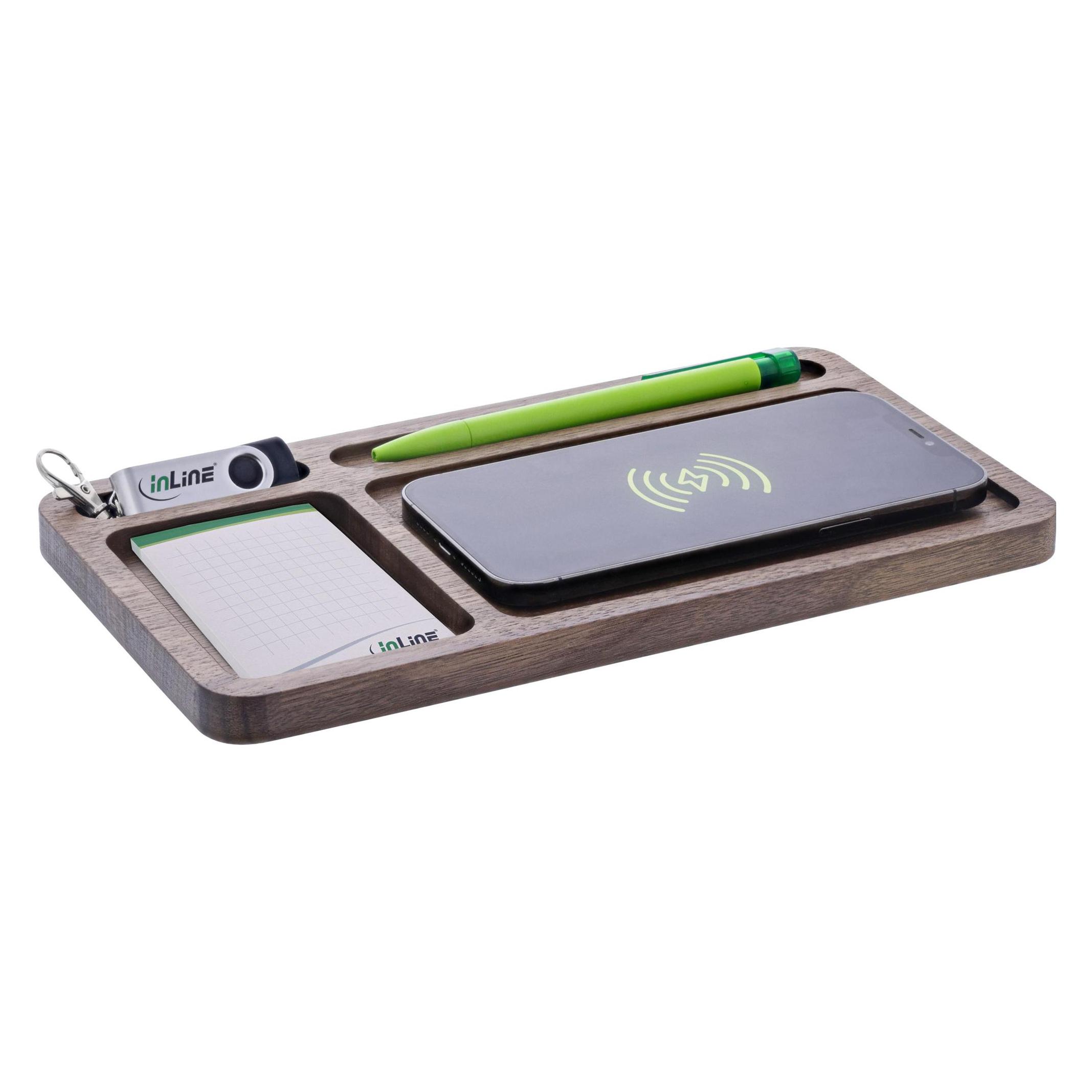 InLine WoodCharge - Organizer mit integrierter Qi-Ladefläche aus Walnuss-Holz (15 W) (33392Y)