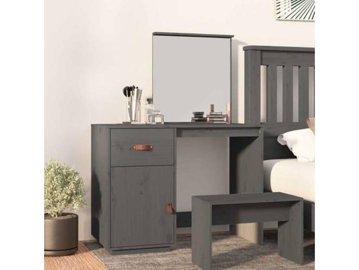 KGTKGTYER Schminktisch Grau, Kiefer Massivholz Kosmetiktisch mit Spiegel Inklusive Schublade & Fächer, Rustikale Optik, Stabiles Design, Platzsparend