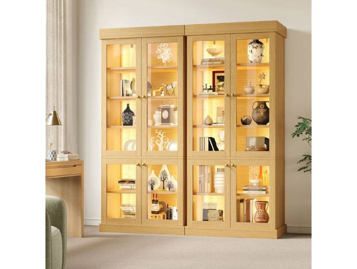 MEULVA Vitrine haute LED en bois naturel portes vitrées 160x40x180 cm armoire colonne avec étagères intérieures