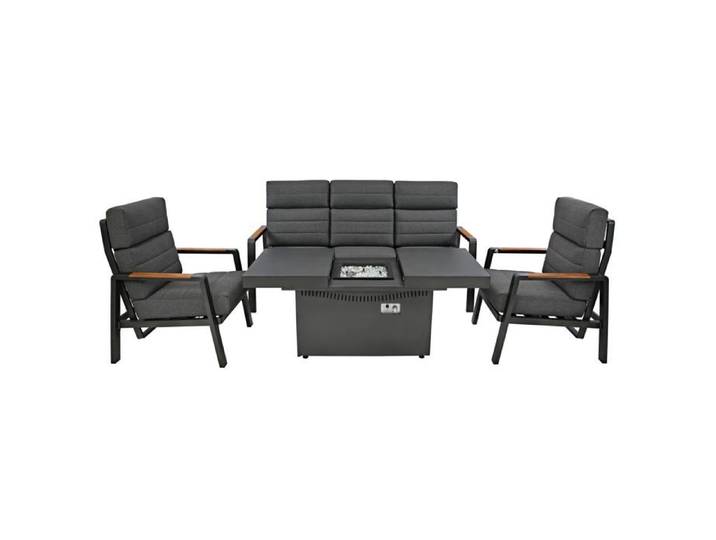 Salon de Jardin Aluminium Gris 5 Places Canapé Fauteuils Inclinables Brasero