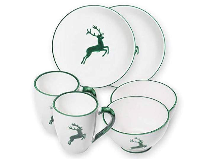 GMUNDNER KERAMIK Hüttenfrühstück Cup für 2 Geschirrset 6-teilig Grüner Hirsch Geschirr, handgemacht in Österreich