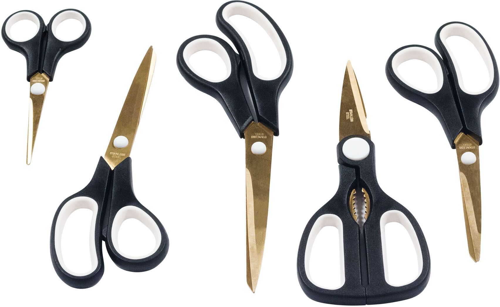 Scheren-Set KING "Easycut", schwarz, Scheren, 5 Scheren, Edelstahlklingen, Titan beschichtet, Soft-Touch Griffe