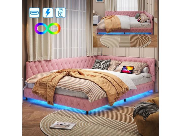 Lit Banquette - LUMINARIX - 140x200cm - Velours Rose - LED Intégré - USB Inclus