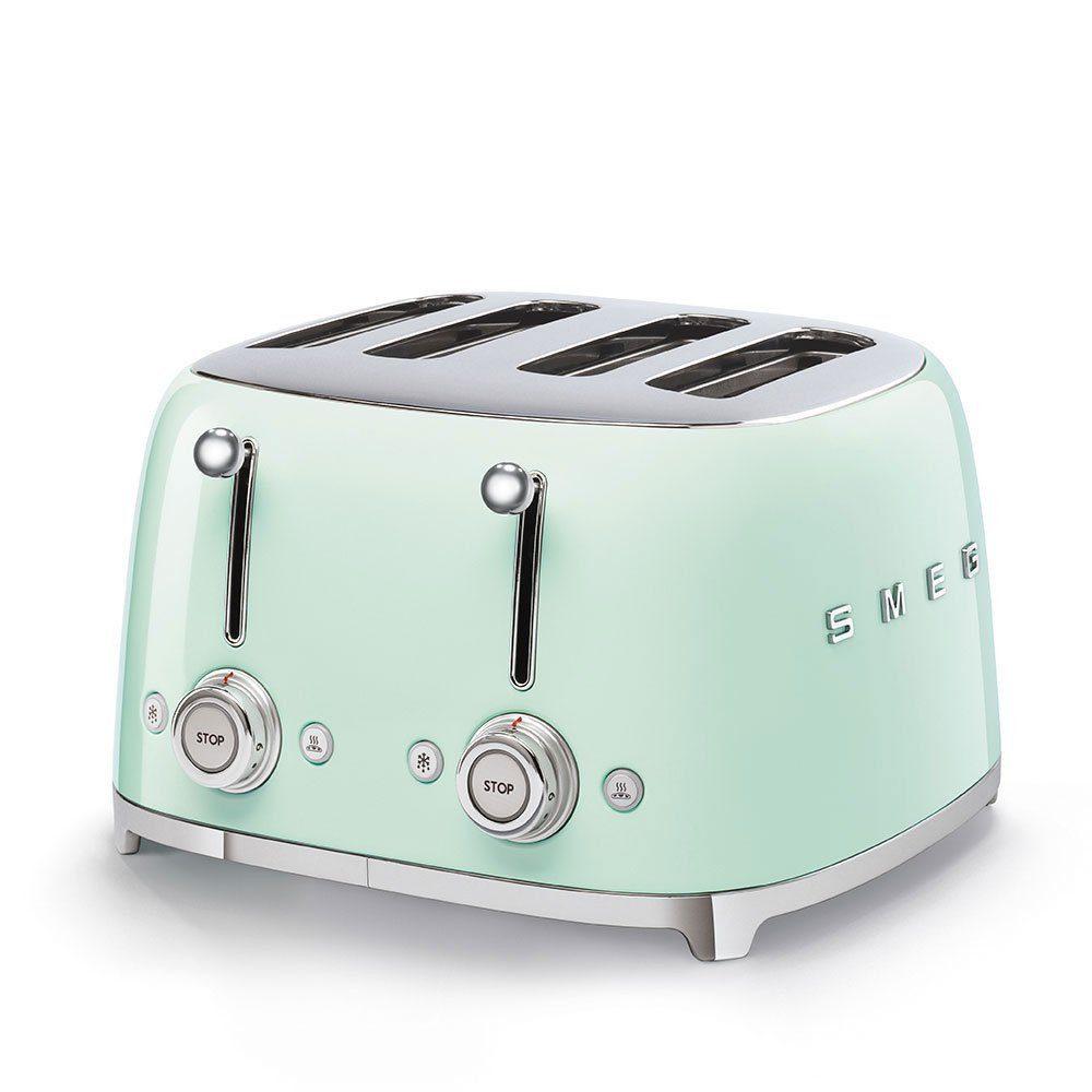 SMEG Edelstahl Toaster 4 Scheiben 6 Modi, Hochglanz, Auftaufunkton, 4 kurze Schlitze, für 4 Scheiben, 2000,00 W, Auftauen, Rösten, Stopp - Türkis