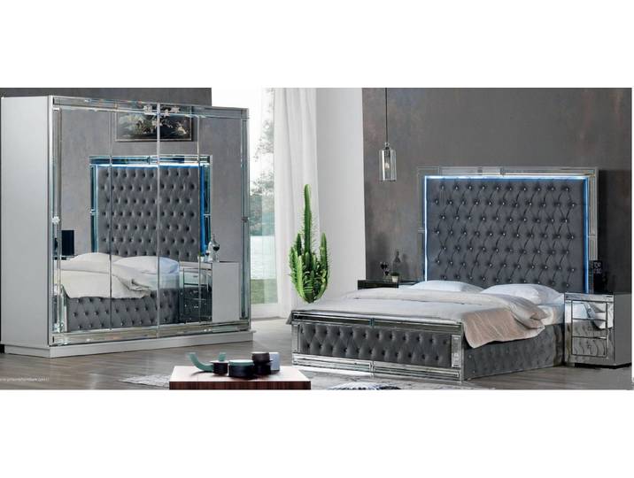 JVmoebel Komplettschlafzimmer Exklusives Graues Schlafzimmer Set Doppelbett Schrank Nachttische, (4-tlg), Made in Europa