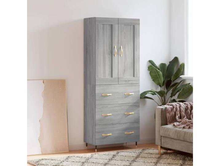 Elegantes Highboard mit Metallfüßen aus langlebigem Holzwerkstoff in Betongrau – Modernes Design Schrank mit viel Stauraum für das Wohnzimmer und Sicherheitshinweis zur Wandmontage
