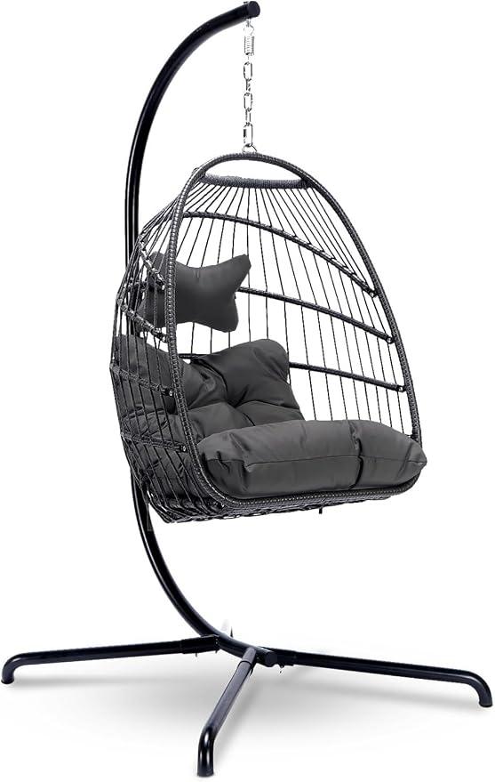 Hängesessel mit Kissen Faltbar, Max. Belastung 150kg, Hängesessel Outdoor mit Gestell Körbe, Hängesessel Stabiler Rattan für Garten, Indoor & Outdoor, Terrasse (Braun&Anthrazit Kissen)