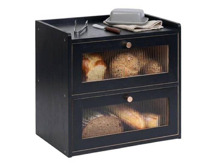 Relaxdays Brotkasten Bambus, 2 Etagen, Brotlade mit Sichtfenstern, schwarz
