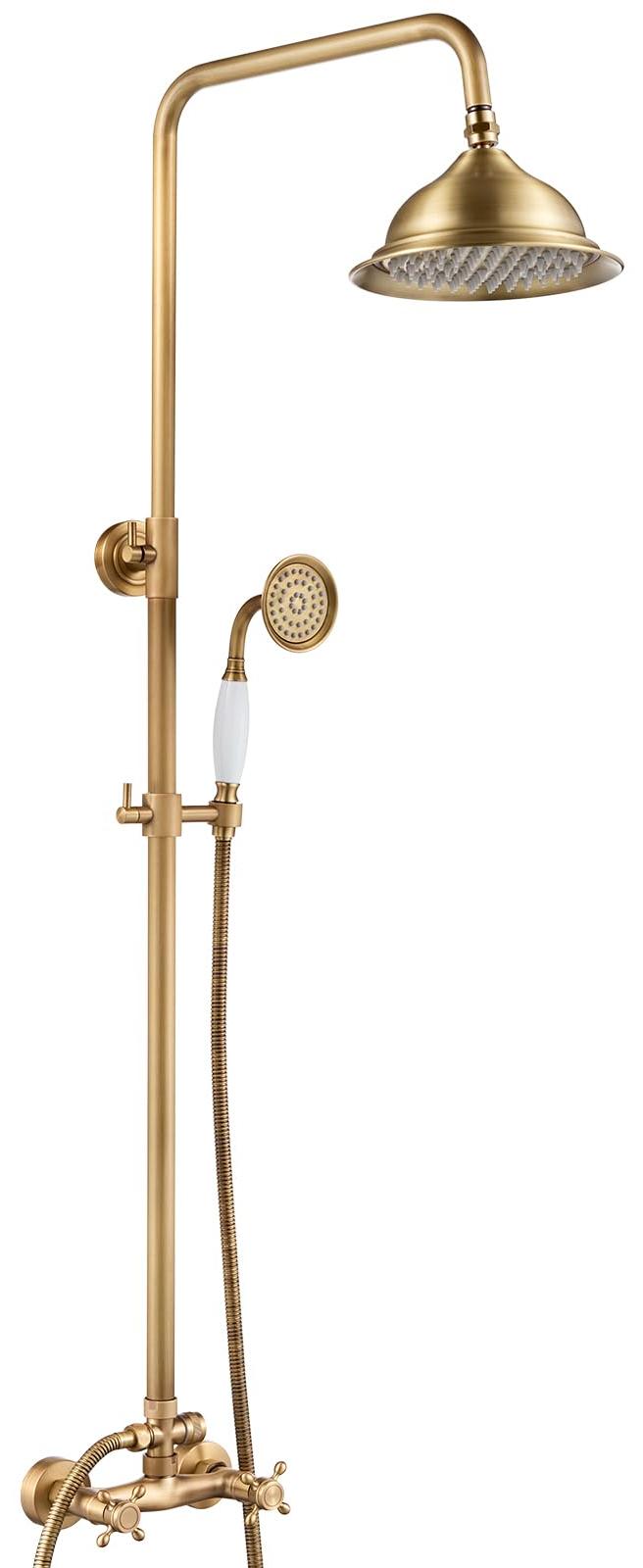 Duschsäule Retro Messing, Regendusche 20x20 cm, Handbrause, 1,5 m Schlauch