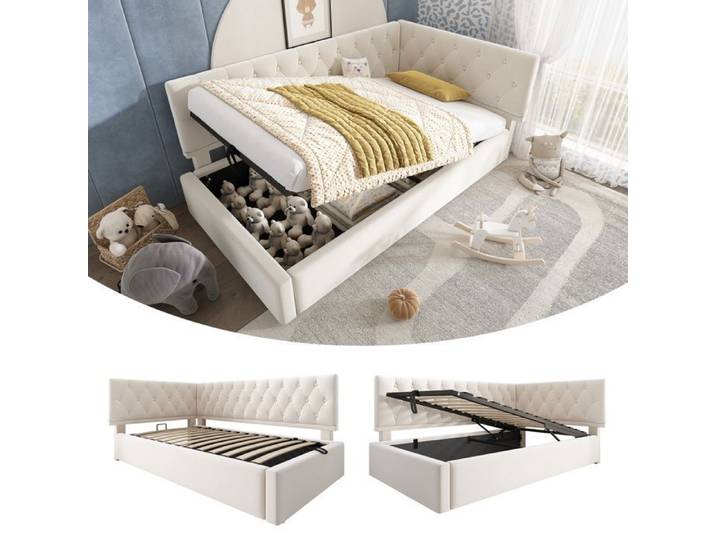 Lit coffre en velours beige - Canapé-lit 90x190cm - Design tendance en forme de L - Rangement hydraulique