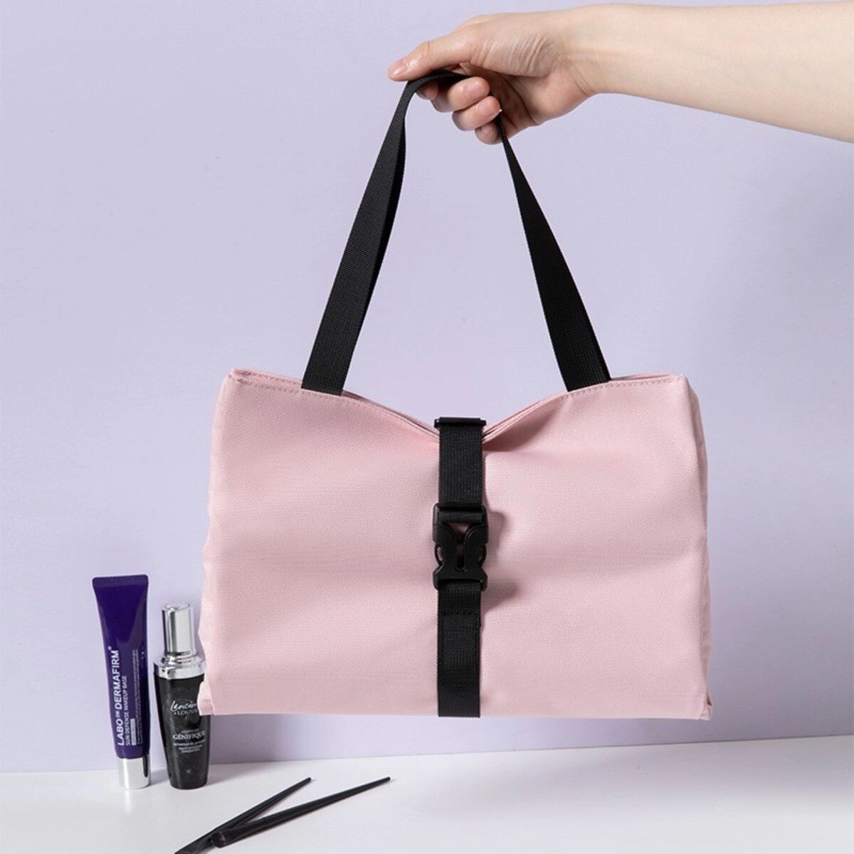 INF Trousse de toilette multi-compartiments séparation sec-humide – tissu Oxford, cinq couches zippées, poignée élargie Rose