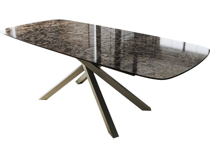 DELIFE Esstisch Edge, Boot 180-220x100 cm Keramik Emperador Extra Lucidato Dunkelbraun Kreuz
