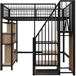 MODFU Hochbett Metall und Holz Schwarz 90x200 cm mit Stauraumtreppe, Ablagefächern und offenem Nutzbereich