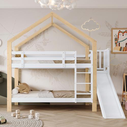 Hausförmiges Etagenbett mit Rutsche, sicherer Leiter und Geländer, platzsparendes Kinderbett aus Massivholz, Weiß/Natur, 90x200 cm