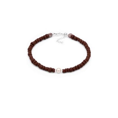 Fußkette ELLI "Fußschmuck Glas Perlen Braun Synthetische Perle Weiß 925 Sterling Silber" Gr. 22, silber, Fußketten, Damen, Silber 925 (Sterlingsilber)
